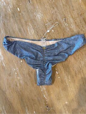 PQ Swim Blue Denim-Look Ruched Bikini Bottoms with Beige Lining - NWT
